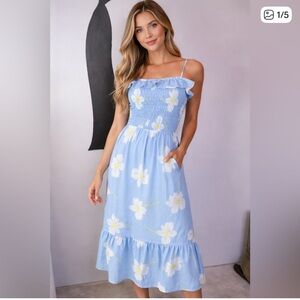 Blue Floral Smocked Midi Dress Women’s Summer Cottagecore Sundress L. PTP 17
